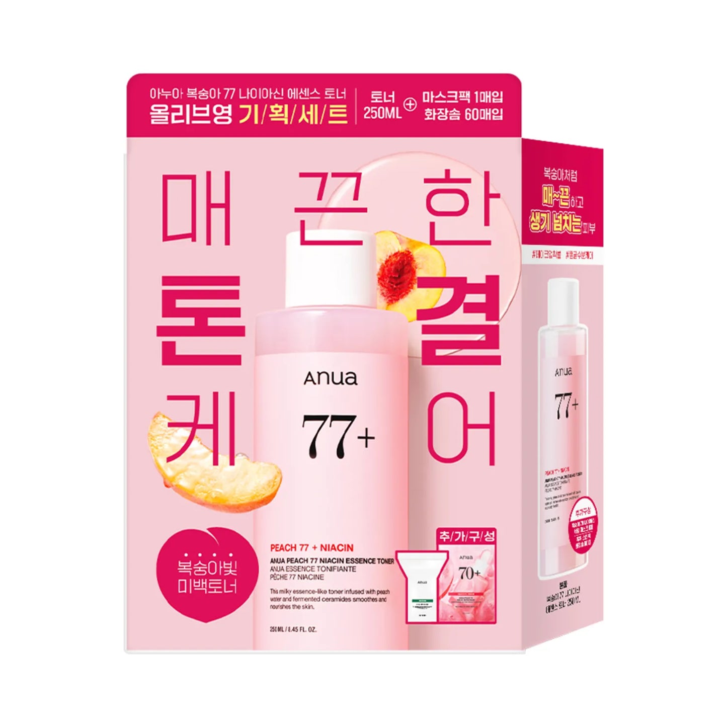 Anua Peach 77 Niacin Essence Toner 250ml Set (1 Sheet Mask + 60 Cotton Pads)