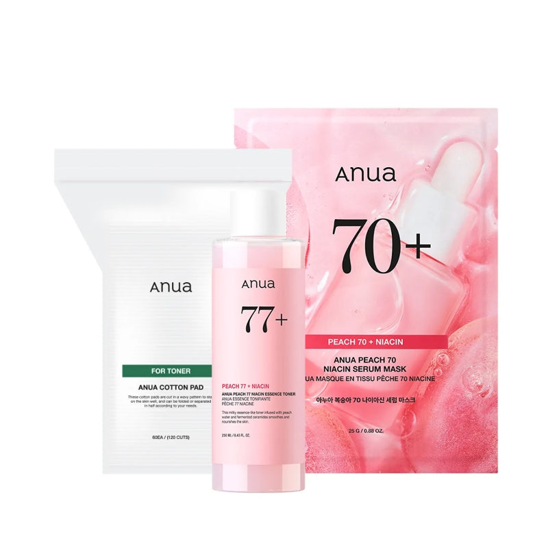 Anua Peach 77 Niacin Essence Toner 250ml Set (1 Sheet Mask + 60 Cotton Pads)